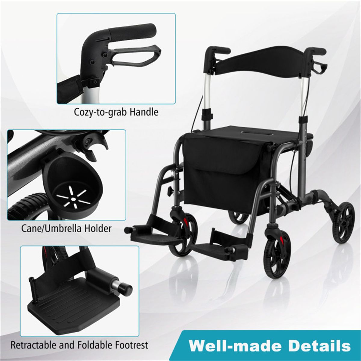 Foldable Rollator Walker with 8" Wheels Handbrake Storage Bag Cane Holder for Seniors & Rehabilitation Black - Image 5