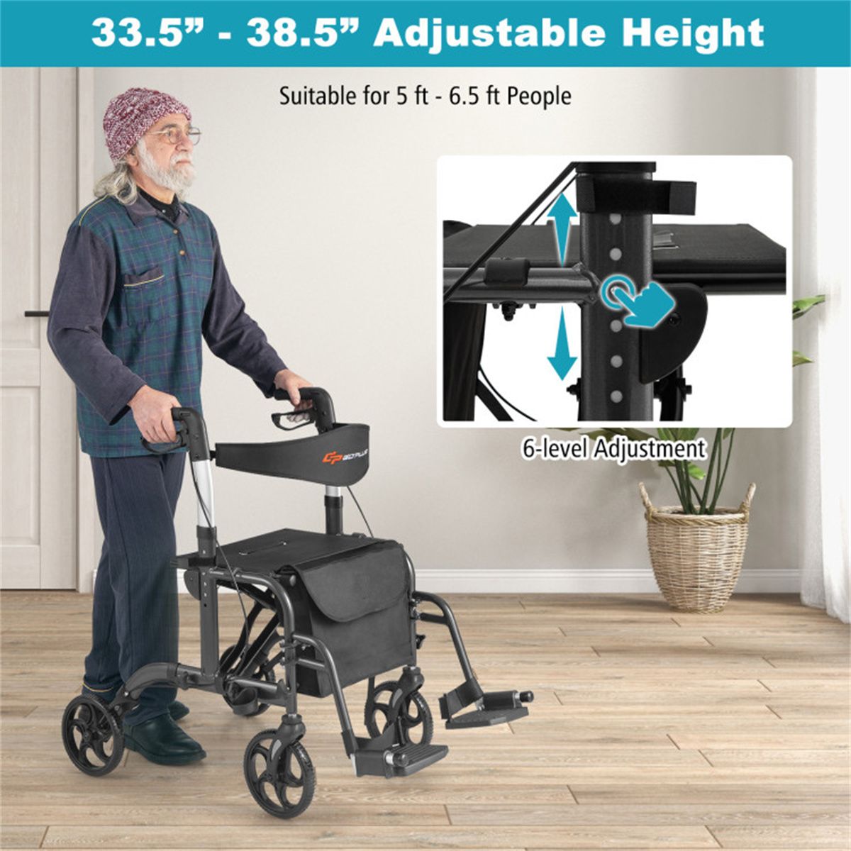 Foldable Rollator Walker with 8" Wheels Handbrake Storage Bag Cane Holder for Seniors & Rehabilitation Black - Image 6