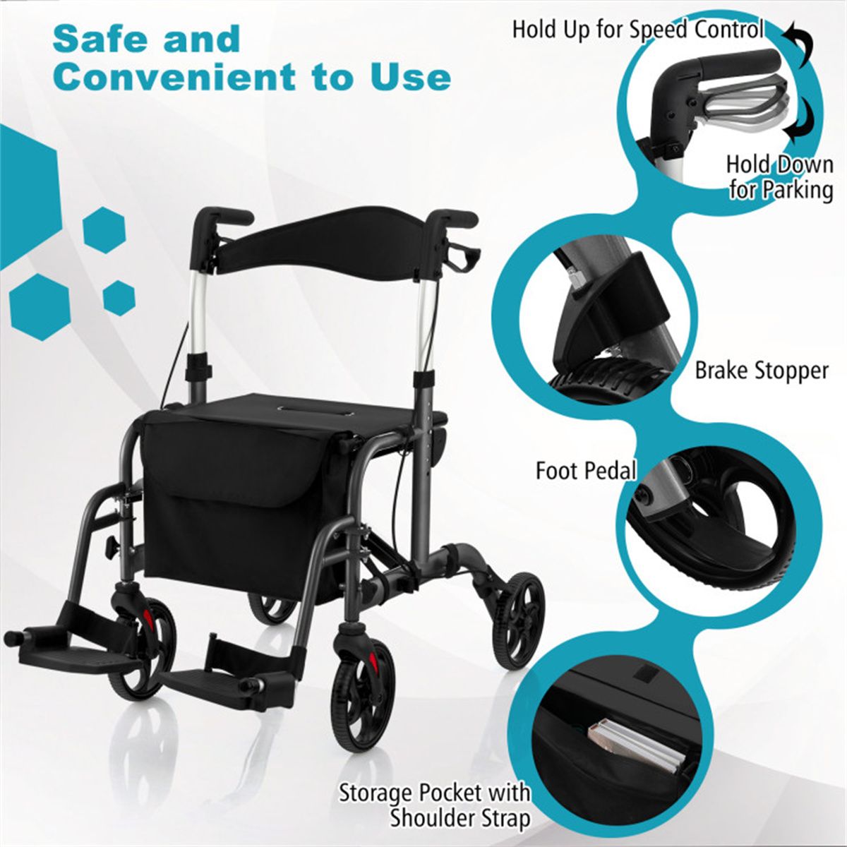 Foldable Rollator Walker with 8" Wheels Handbrake Storage Bag Cane Holder for Seniors & Rehabilitation Black - Image 7