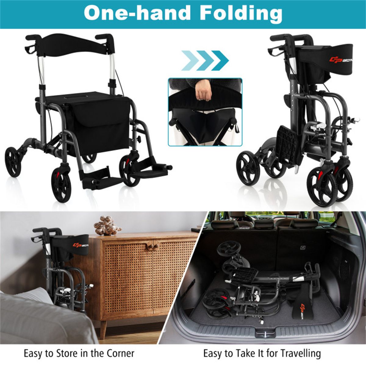 Foldable Rollator Walker with 8" Wheels Handbrake Storage Bag Cane Holder for Seniors & Rehabilitation Black - Image 8