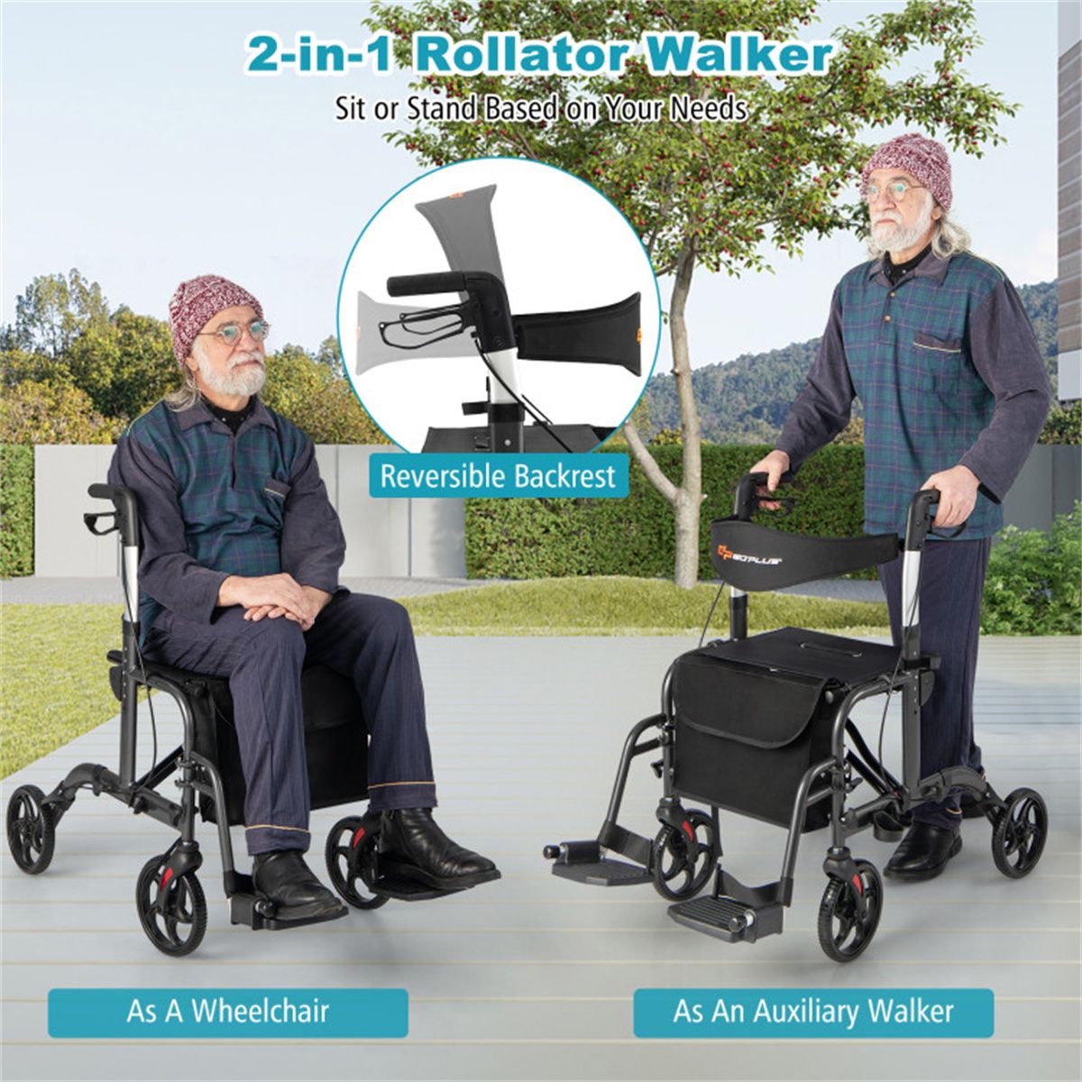 Foldable Rollator Walker with 8" Wheels Handbrake Storage Bag Cane Holder for Seniors & Rehabilitation Black - Image 10