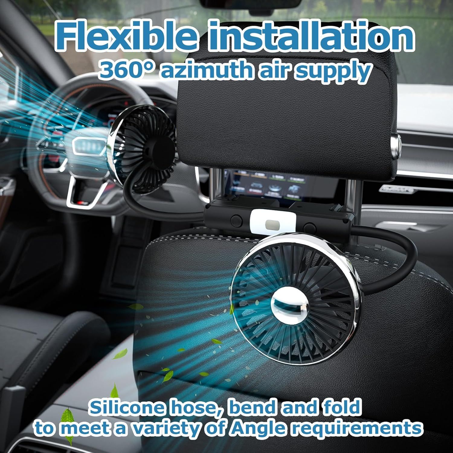 Dual-Head USB Car Fan for Backseat, 360° Rotatable Quiet Cooling with LED Light, 3 Speeds USB-Powered Headrest Accessory for Kids & Passengers - Image 2