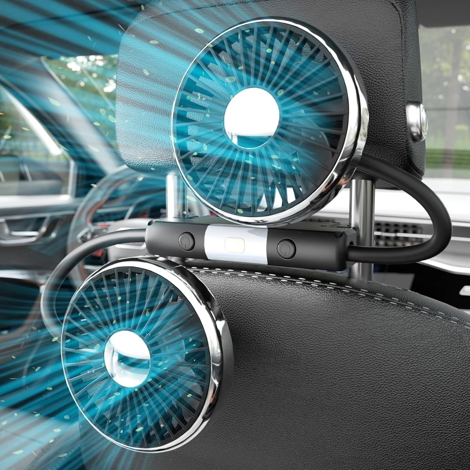 Dual-Head USB Car Fan for Backseat, 360° Rotatable Quiet Cooling with LED Light, 3 Speeds USB-Powered Headrest Accessory for Kids & Passengers - Image 3