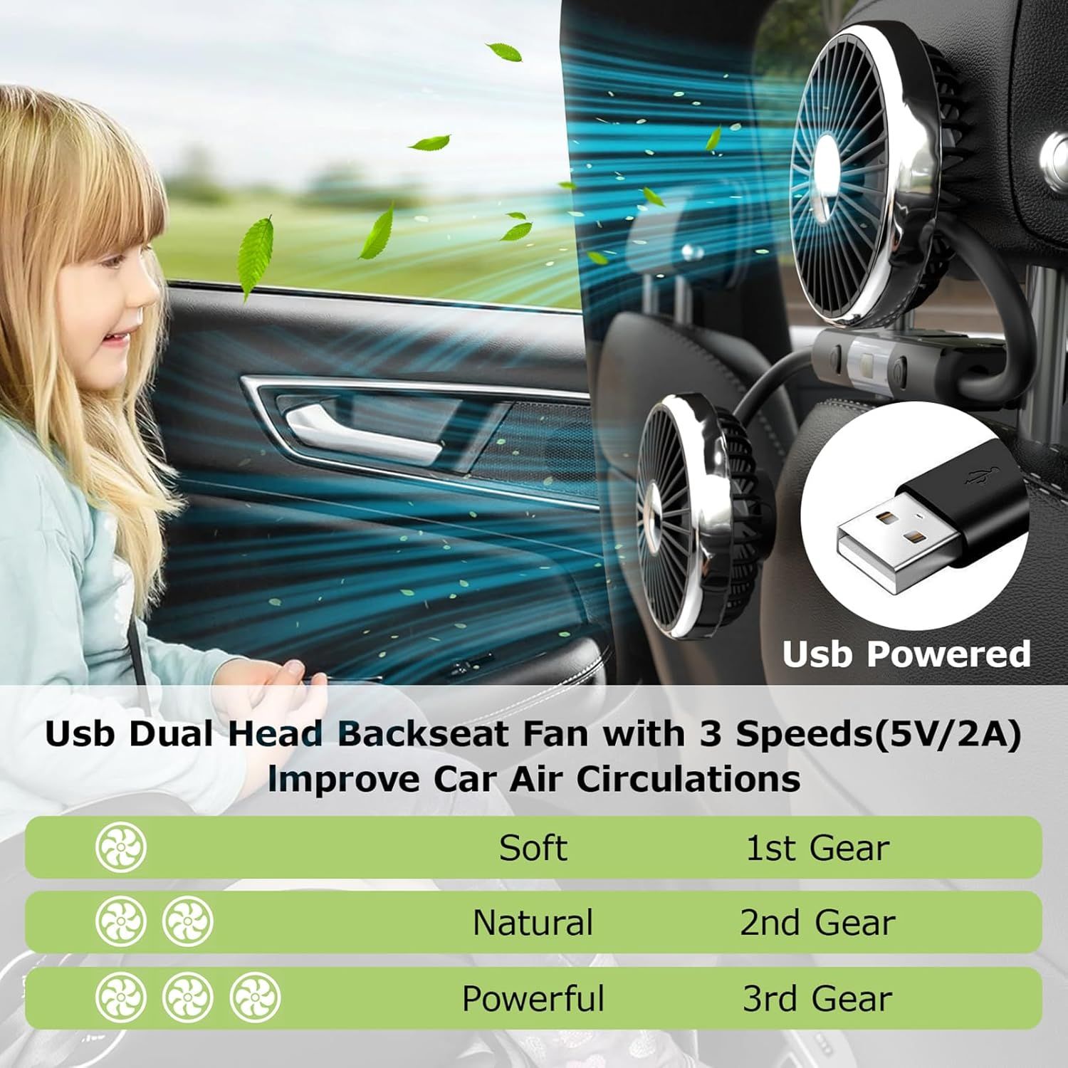 Dual-Head USB Car Fan for Backseat, 360° Rotatable Quiet Cooling with LED Light, 3 Speeds USB-Powered Headrest Accessory for Kids & Passengers - Image 4