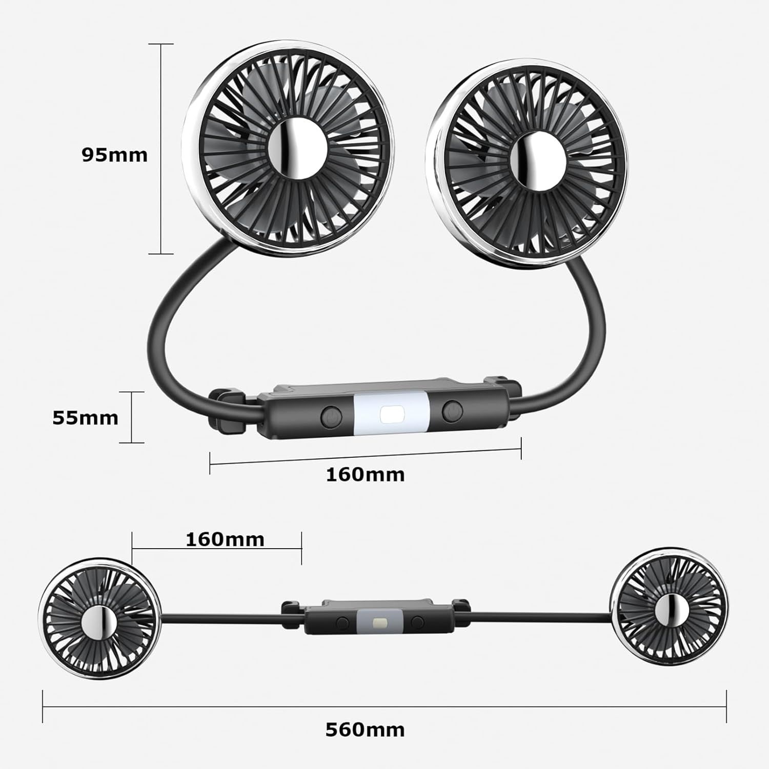 Dual-Head USB Car Fan for Backseat, 360° Rotatable Quiet Cooling with LED Light, 3 Speeds USB-Powered Headrest Accessory for Kids & Passengers - Image 6
