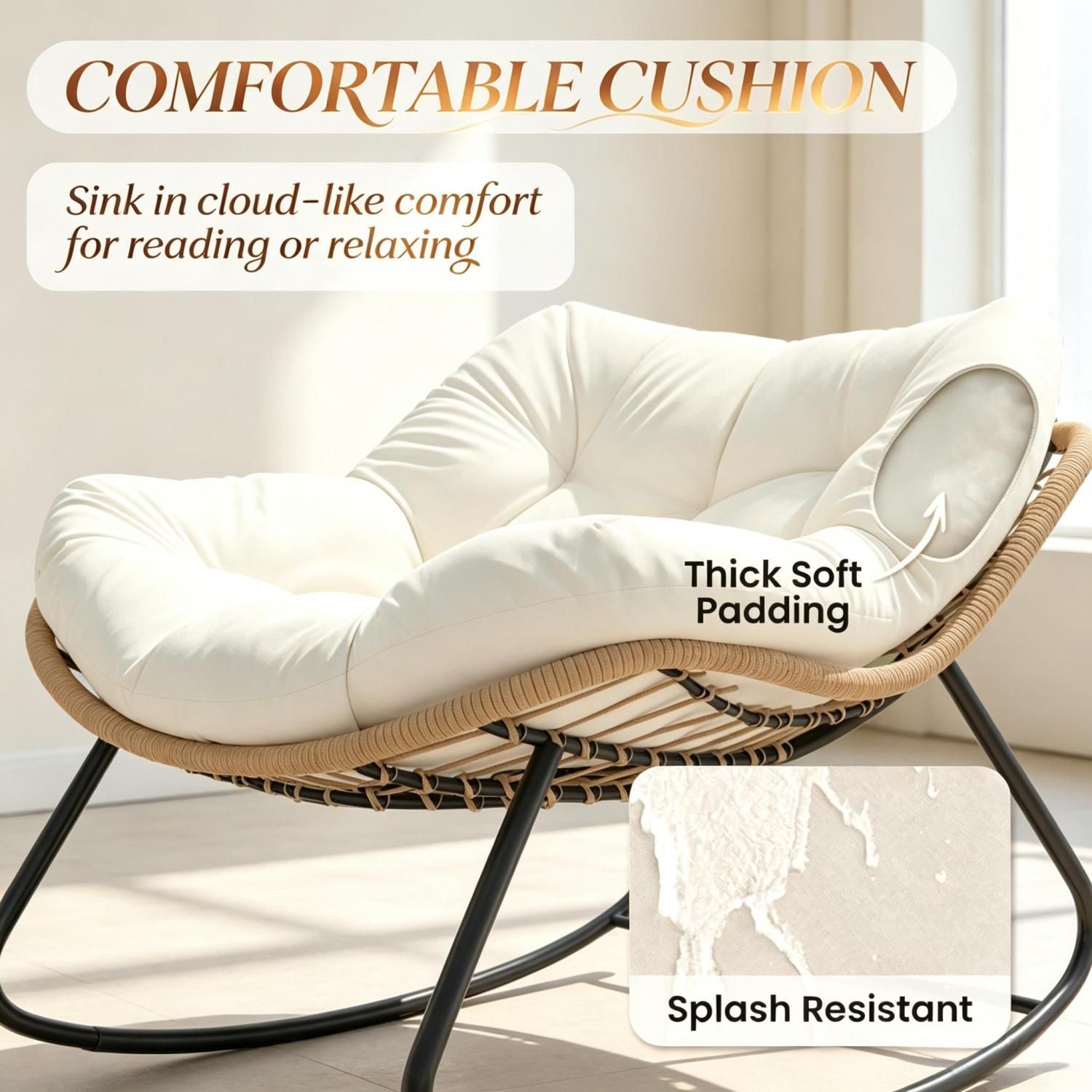 Rocking Egg Chair, Oversized Design with Cushion, Indoor Outdoor Furniture for Backyard, Patio, Garden - Image 5