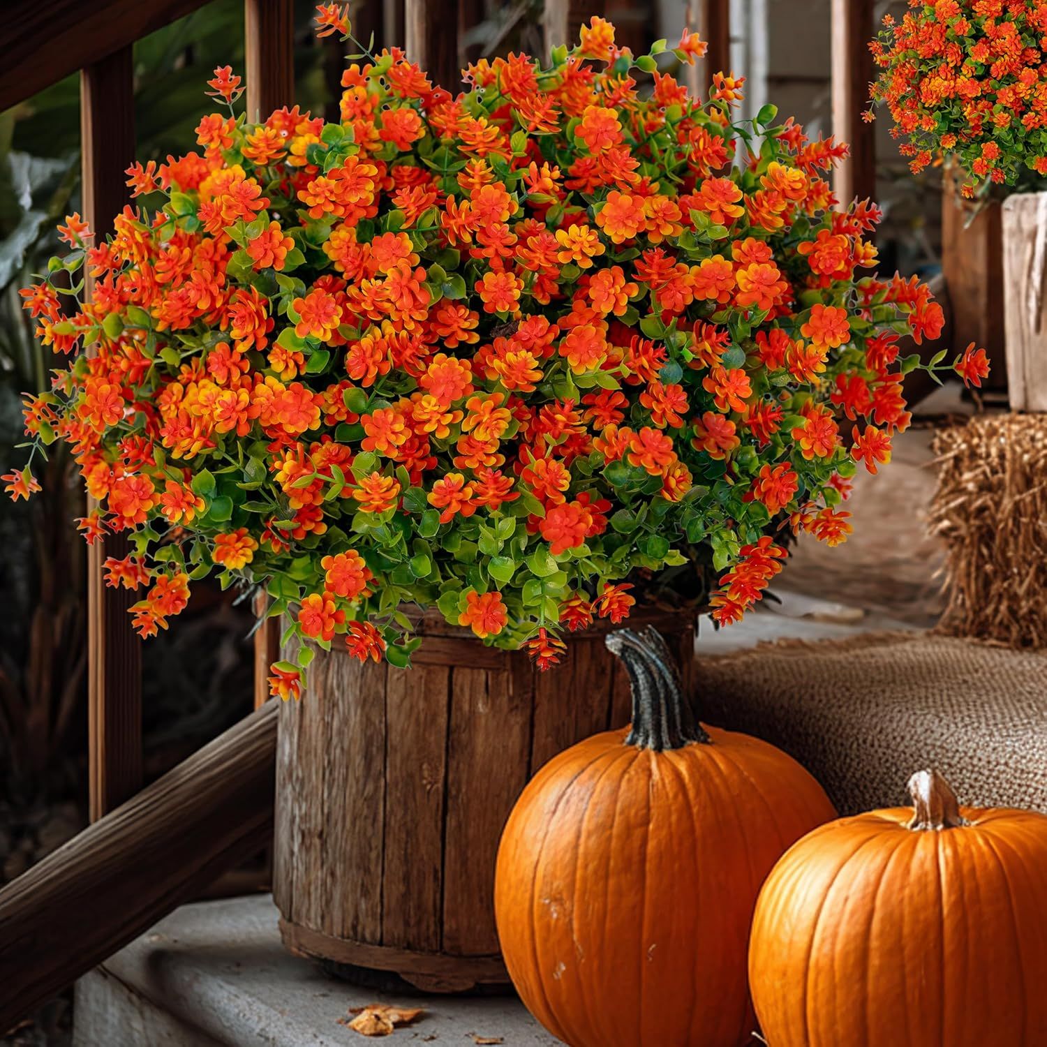 Artificial Autumn Outdoor Flowers, Simulated Chrysanthemums - 12 Bundles of UV-Resistant, Fade-Resistant Artificial Plastic Plants for Garden, Porch, Patio, and Autumn Home Decor (Red and Orange) - Image 2