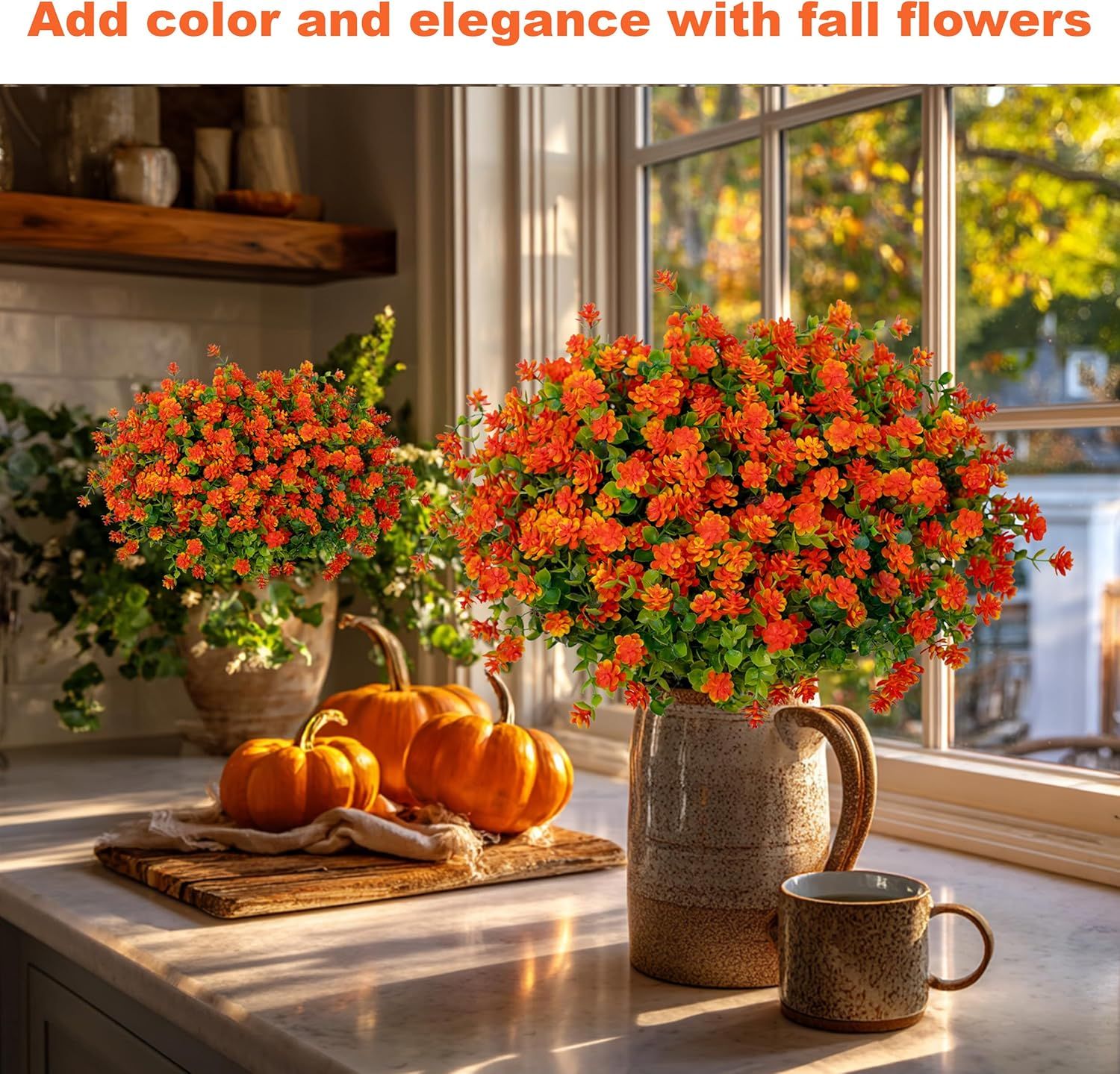 Artificial Autumn Outdoor Flowers, Simulated Chrysanthemums - 12 Bundles of UV-Resistant, Fade-Resistant Artificial Plastic Plants for Garden, Porch, Patio, and Autumn Home Decor (Red and Orange) - Image 3