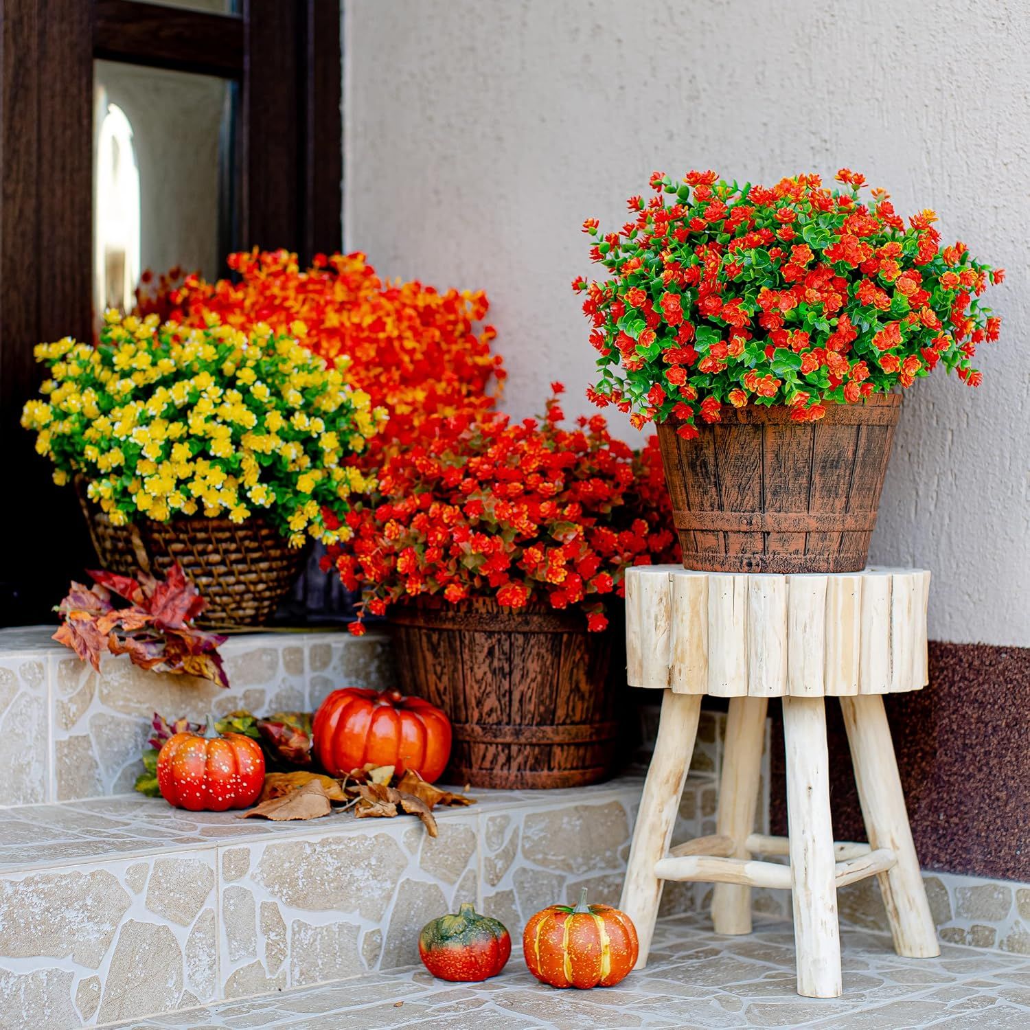 Artificial Autumn Outdoor Flowers, Simulated Chrysanthemums - 12 Bundles of UV-Resistant, Fade-Resistant Artificial Plastic Plants for Garden, Porch, Patio, and Autumn Home Decor (Red and Orange) - Image 4