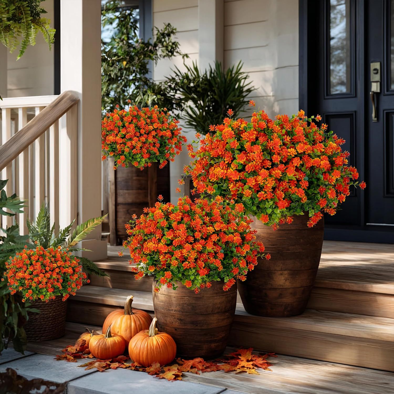 Artificial Autumn Outdoor Flowers, Simulated Chrysanthemums - 12 Bundles of UV-Resistant, Fade-Resistant Artificial Plastic Plants for Garden, Porch, Patio, and Autumn Home Decor (Red and Orange) - Image 5