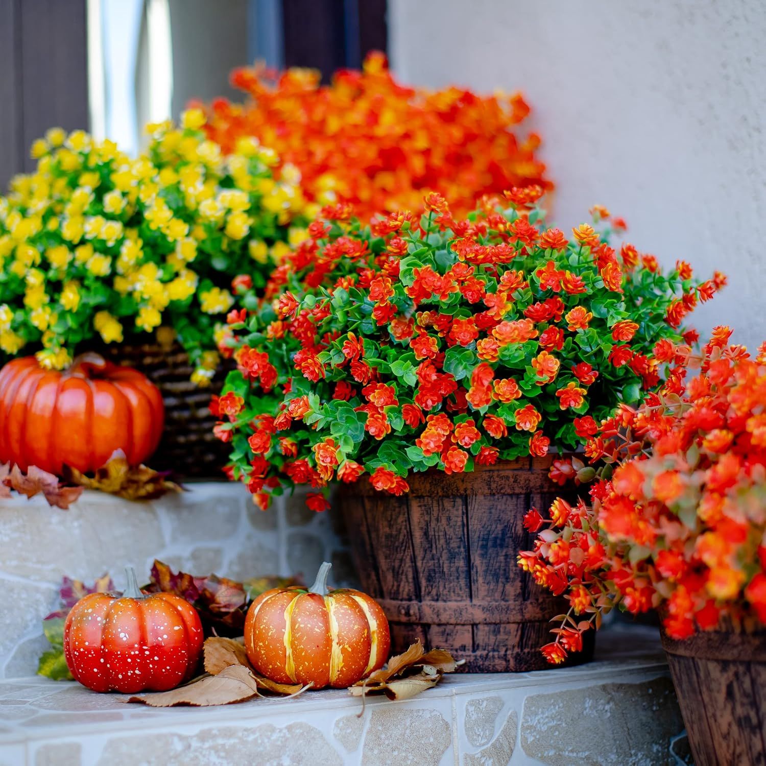Artificial Autumn Outdoor Flowers, Simulated Chrysanthemums - 12 Bundles of UV-Resistant, Fade-Resistant Artificial Plastic Plants for Garden, Porch, Patio, and Autumn Home Decor (Red and Orange) - Image 6