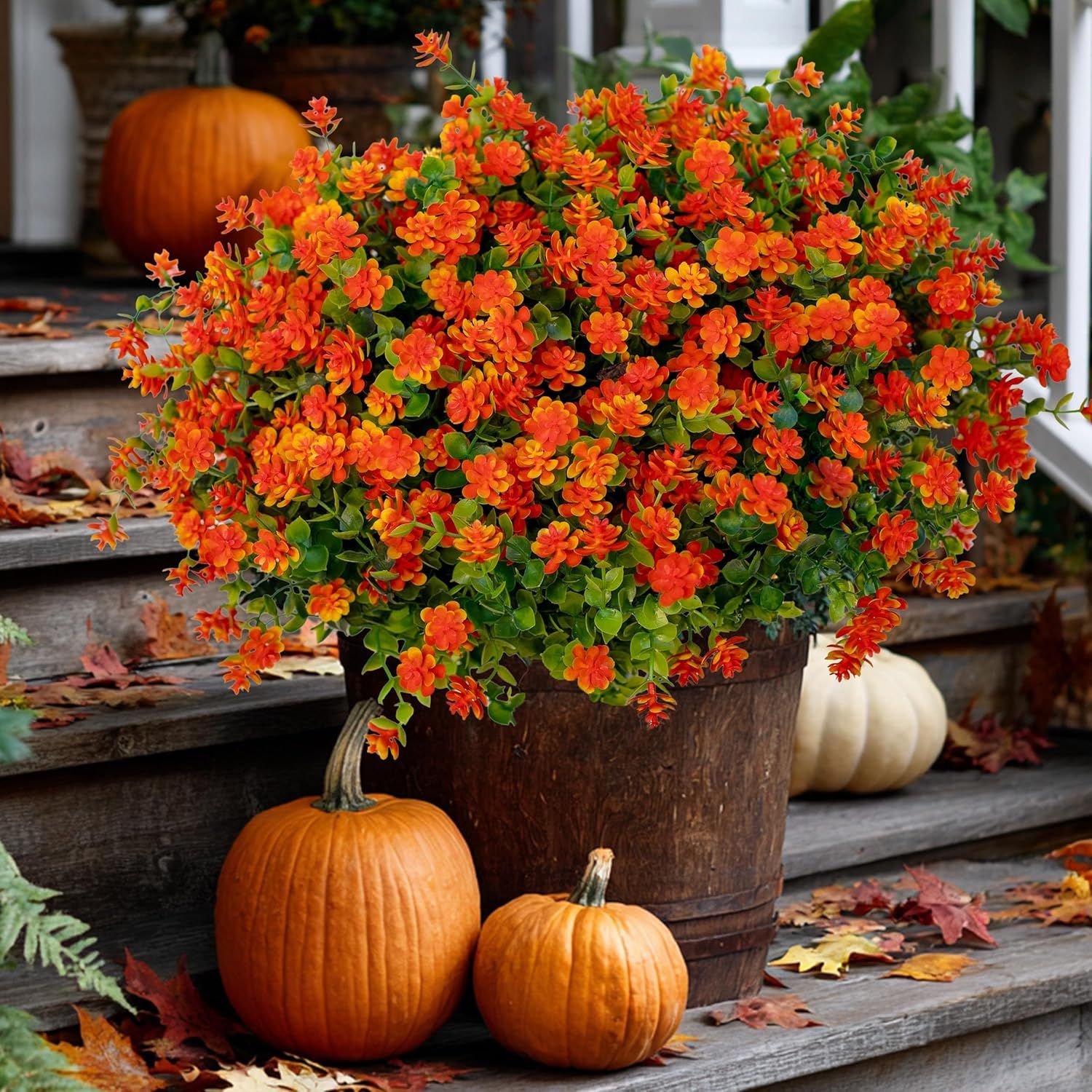 Artificial Autumn Outdoor Flowers, Simulated Chrysanthemums - 12 Bundles of UV-Resistant, Fade-Resistant Artificial Plastic Plants for Garden, Porch, Patio, and Autumn Home Decor (Red and Orange)