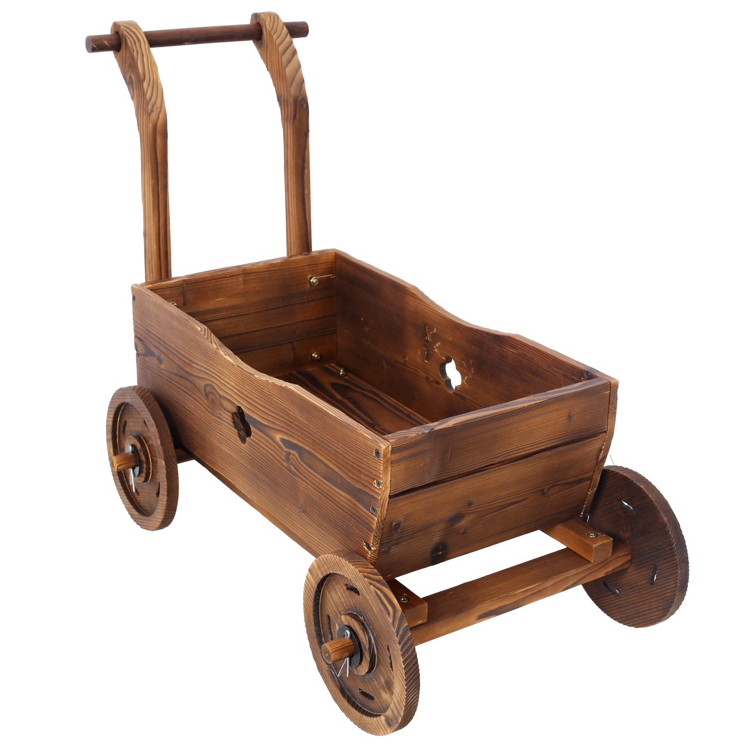 Wooden Wagon Planter Box, Mobile Garden Planter with 4 Wheels, Handle, Drain Hole, Decorative Flower Planter for Indoor & Outdoor Decor, Wooden Flower Cart for Patio, Garden, Balcony, Brown - Image 2