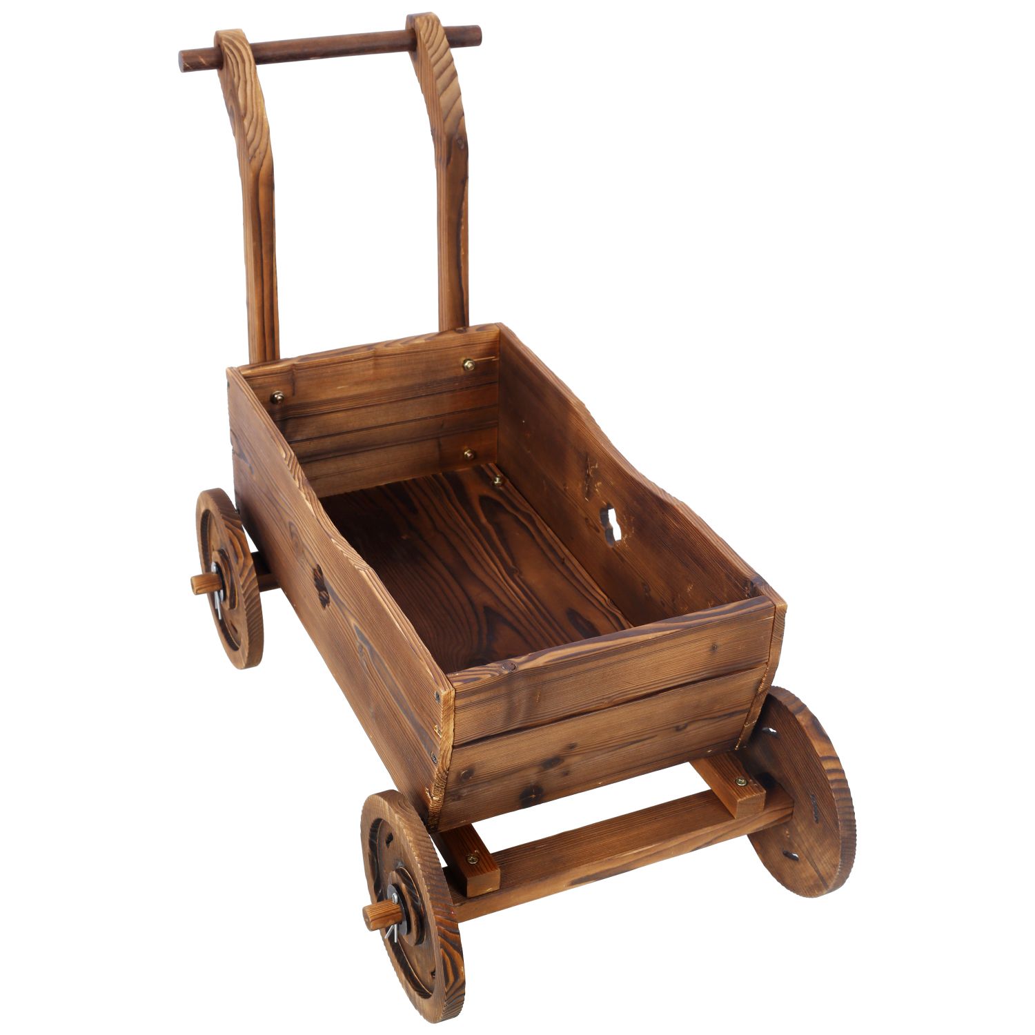 Wooden Wagon Planter Box, Mobile Garden Planter with 4 Wheels, Handle, Drain Hole, Decorative Flower Planter for Indoor & Outdoor Decor, Wooden Flower Cart for Patio, Garden, Balcony, Brown - Image 3
