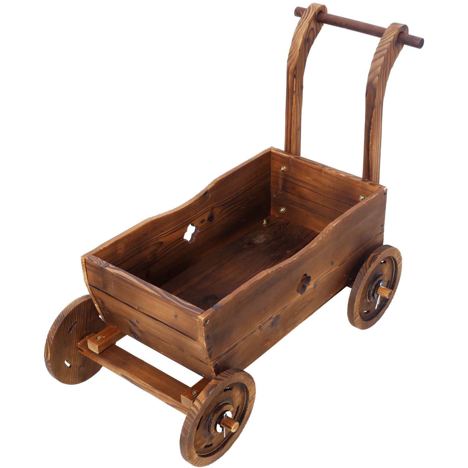Wooden Wagon Planter Box, Mobile Garden Planter with 4 Wheels, Handle, Drain Hole, Decorative Flower Planter for Indoor & Outdoor Decor, Wooden Flower Cart for Patio, Garden, Balcony, Brown - Image 4