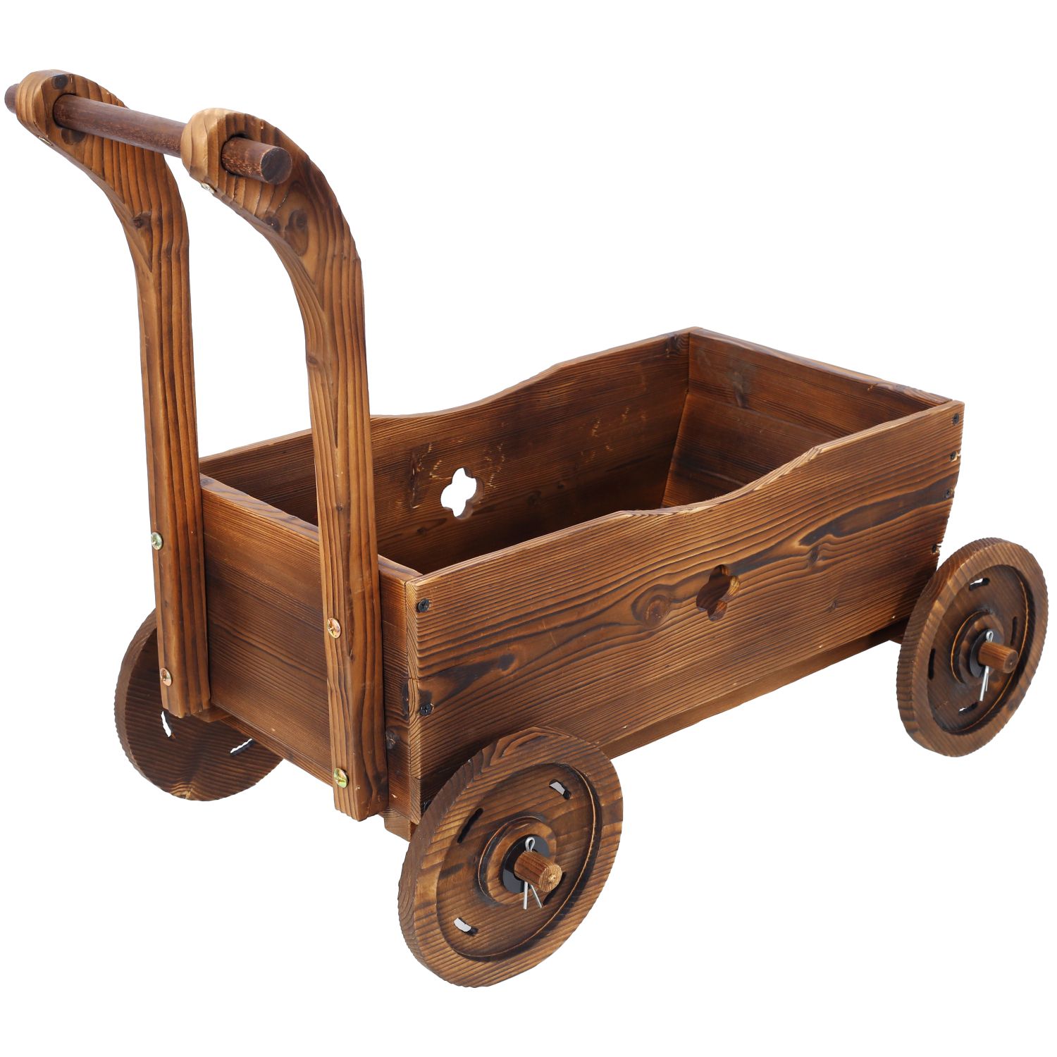 Wooden Wagon Planter Box, Mobile Garden Planter with 4 Wheels, Handle, Drain Hole, Decorative Flower Planter for Indoor & Outdoor Decor, Wooden Flower Cart for Patio, Garden, Balcony, Brown - Image 7