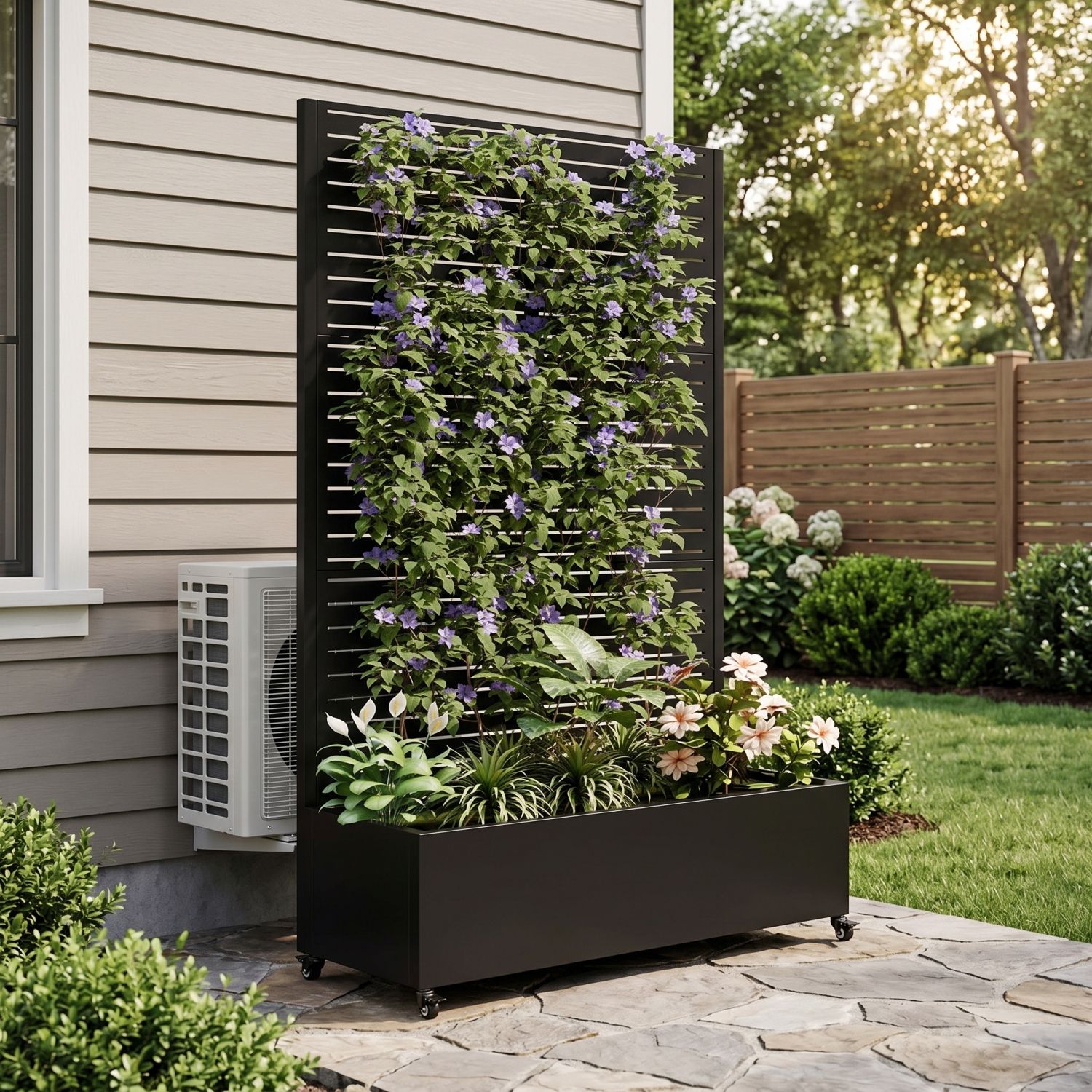 Metal Planter Box with Trellis, 73"x35"x16 Metal Raised Garden Bed with Trellis, Metal Planter Box with Drainage Holes & Lockable Wheels & Privacy Screen for Climbing Plants, Vegetables, Vines - Image 2