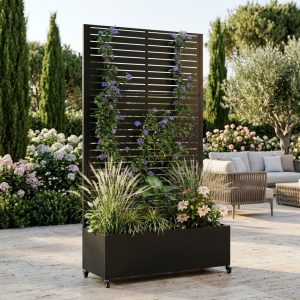 Metal Planter Box with Trellis, 73″x35″x16 Metal Raised Garden Bed with Trellis, Metal Planter Box with Drainage Holes & Lockable Wheels & Privacy Screen for Climbing Plants, Vegetables, Vines