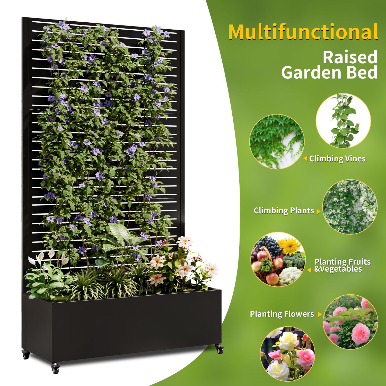 Metal Planter Box with Trellis, 73"x35"x16 Metal Raised Garden Bed with Trellis, Metal Planter Box with Drainage Holes & Lockable Wheels & Privacy Screen for Climbing Plants, Vegetables, Vines - Image 10