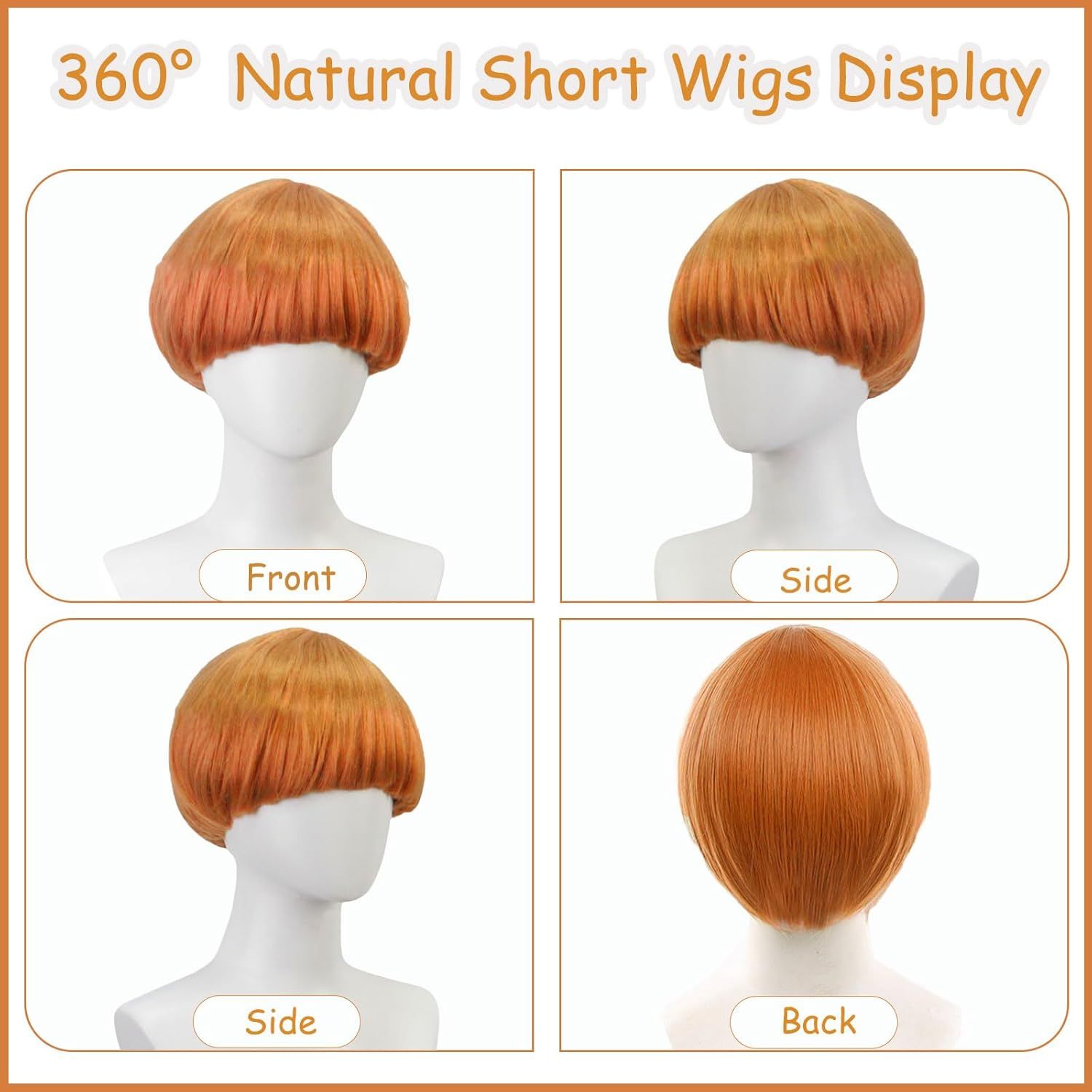 Short Ginger Bowl Cut Wig with Band For Men Women, Adults Short Mushroom Wig Funny Ugly Nerd Hairs Bob Men's 60s 70s 80s Cosplay Costume Fancy Dress Party Crazy Hair Day Halloween (Orange) - Image 2