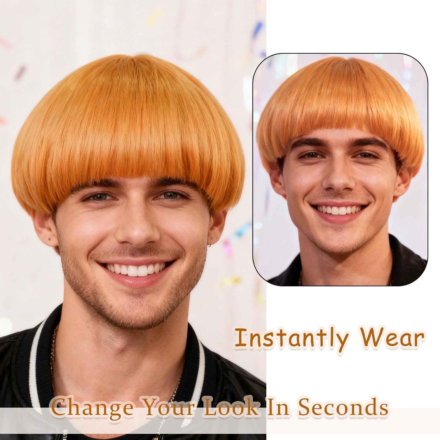 Short Ginger Bowl Cut Wig with Band For Men Women, Adults Short Mushroom Wig Funny Ugly Nerd Hairs Bob Men's 60s 70s 80s Cosplay Costume Fancy Dress Party Crazy Hair Day Halloween (Orange) - Image 4