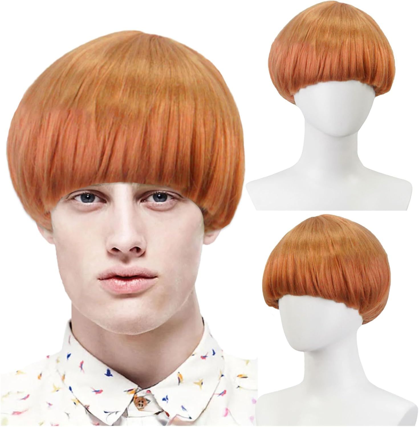 Short Ginger Bowl Cut Wig with Band For Men Women, Adults Short Mushroom Wig Funny Ugly Nerd Hairs Bob Men's 60s 70s 80s Cosplay Costume Fancy Dress Party Crazy Hair Day Halloween (Orange)