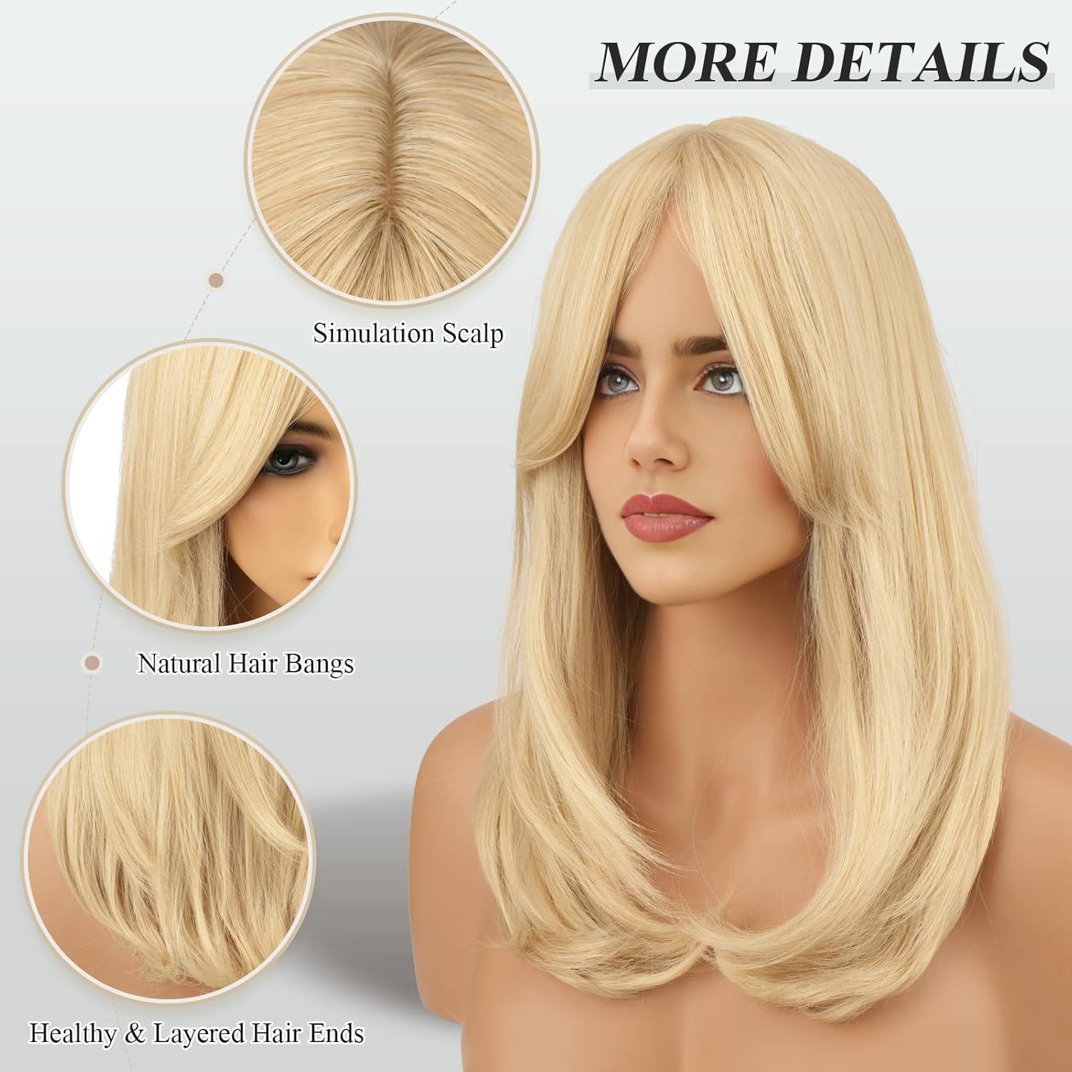 Blonde Wigs with Bangs for Women, Synthetic Natural Looking Long Layered Straight Blonde Hair Wig for Daily Party Use 18 inch - Image 3