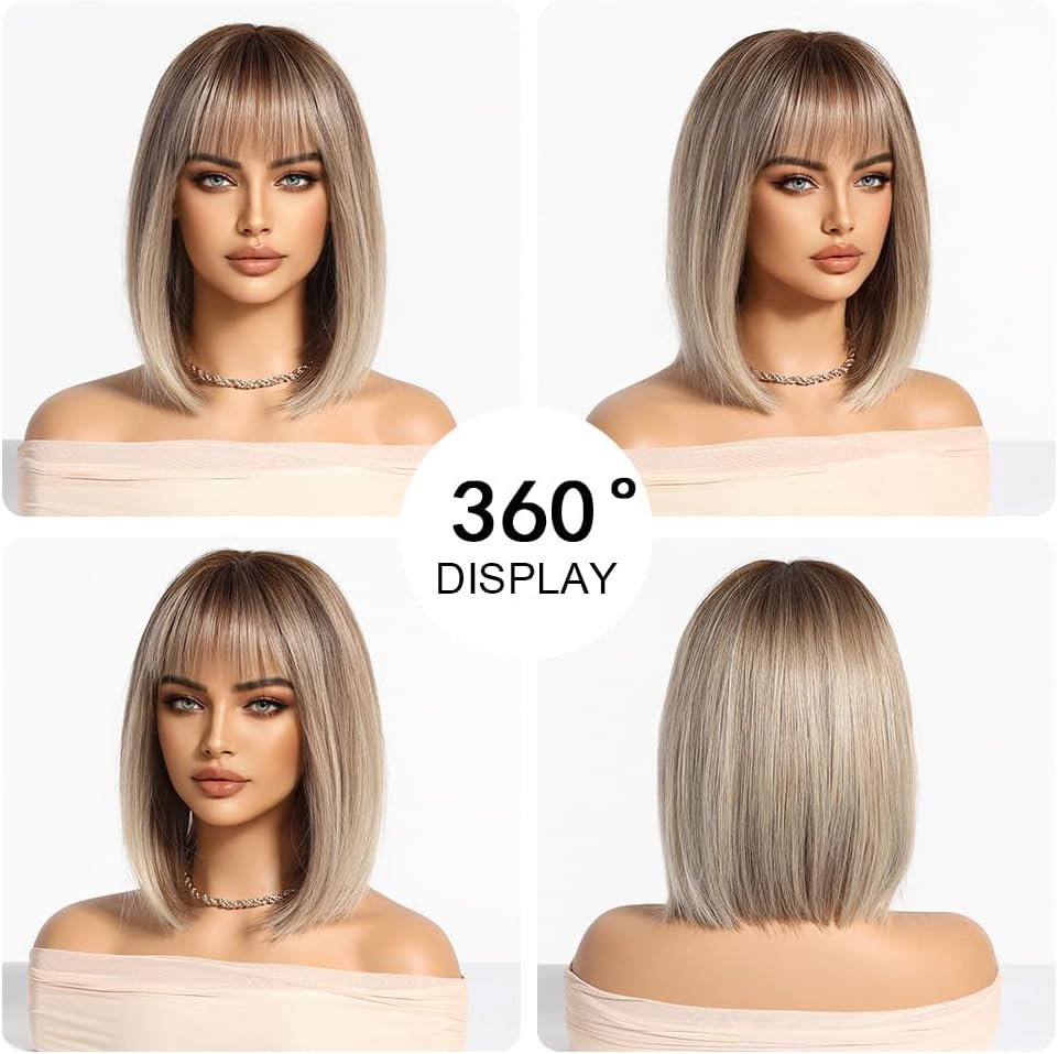Ombre blonde Wigs for Women with Bangs Short straight Bob Natural Curly Synthetic Hair Heat Resistant Wigs for Daily Party Cosplay Wear - Image 2