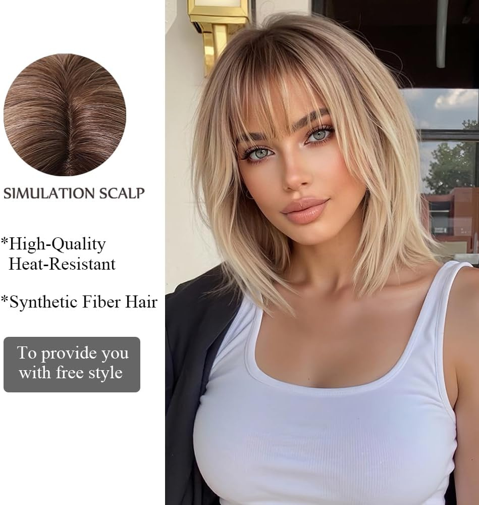 Ombre blonde Wigs for Women with Bangs Short straight Bob Natural Curly Synthetic Hair Heat Resistant Wigs for Daily Party Cosplay Wear - Image 3