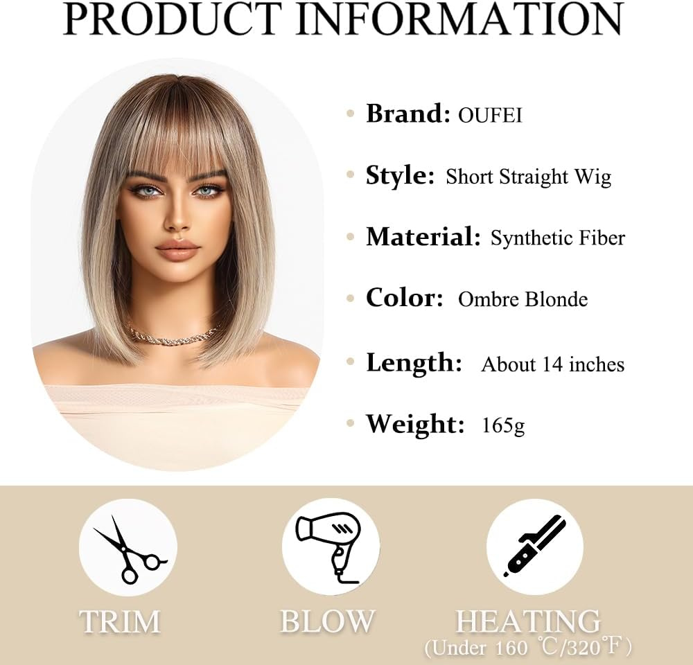 Ombre blonde Wigs for Women with Bangs Short straight Bob Natural Curly Synthetic Hair Heat Resistant Wigs for Daily Party Cosplay Wear - Image 5