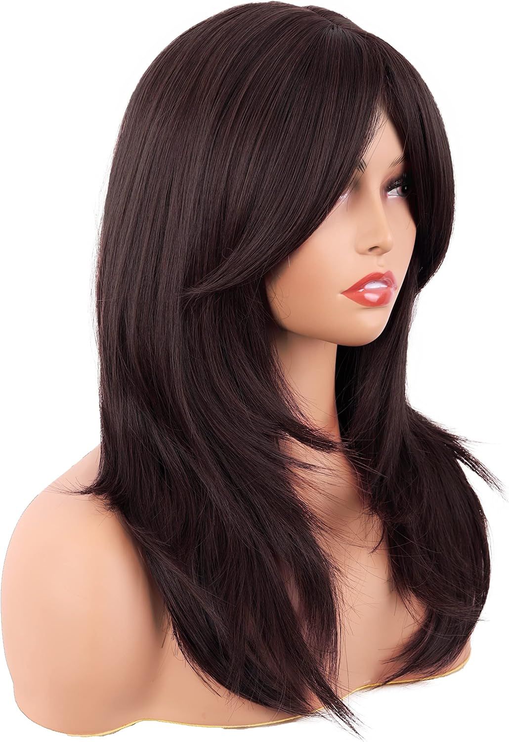 20 Inch/50 cm Long Layered With Bangs Straight Synthetic fiber Shoulder Length Hair for Daily Use or Party Wig (Dark Brown) - Image 2