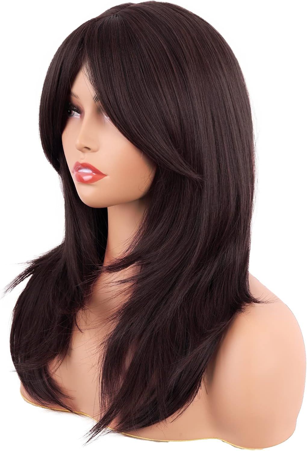 20 Inch/50 cm Long Layered With Bangs Straight Synthetic fiber Shoulder Length Hair for Daily Use or Party Wig (Dark Brown) - Image 3