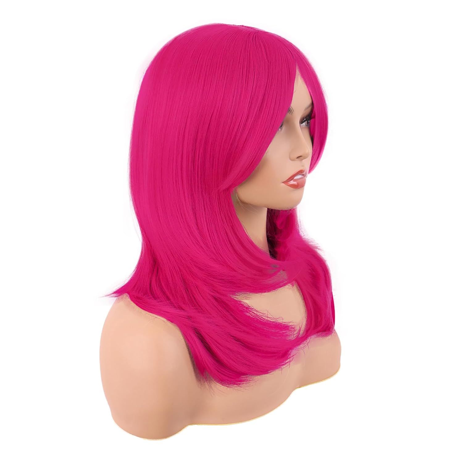 20 Inch/50 cm Long Layered With Bangs Straight Synthetic fiber Shoulder Length Hair Party Wig (Hot Pink) - Image 2