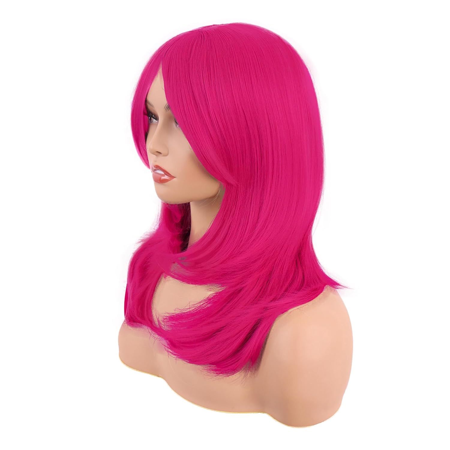 20 Inch/50 cm Long Layered With Bangs Straight Synthetic fiber Shoulder Length Hair Party Wig (Hot Pink) - Image 3