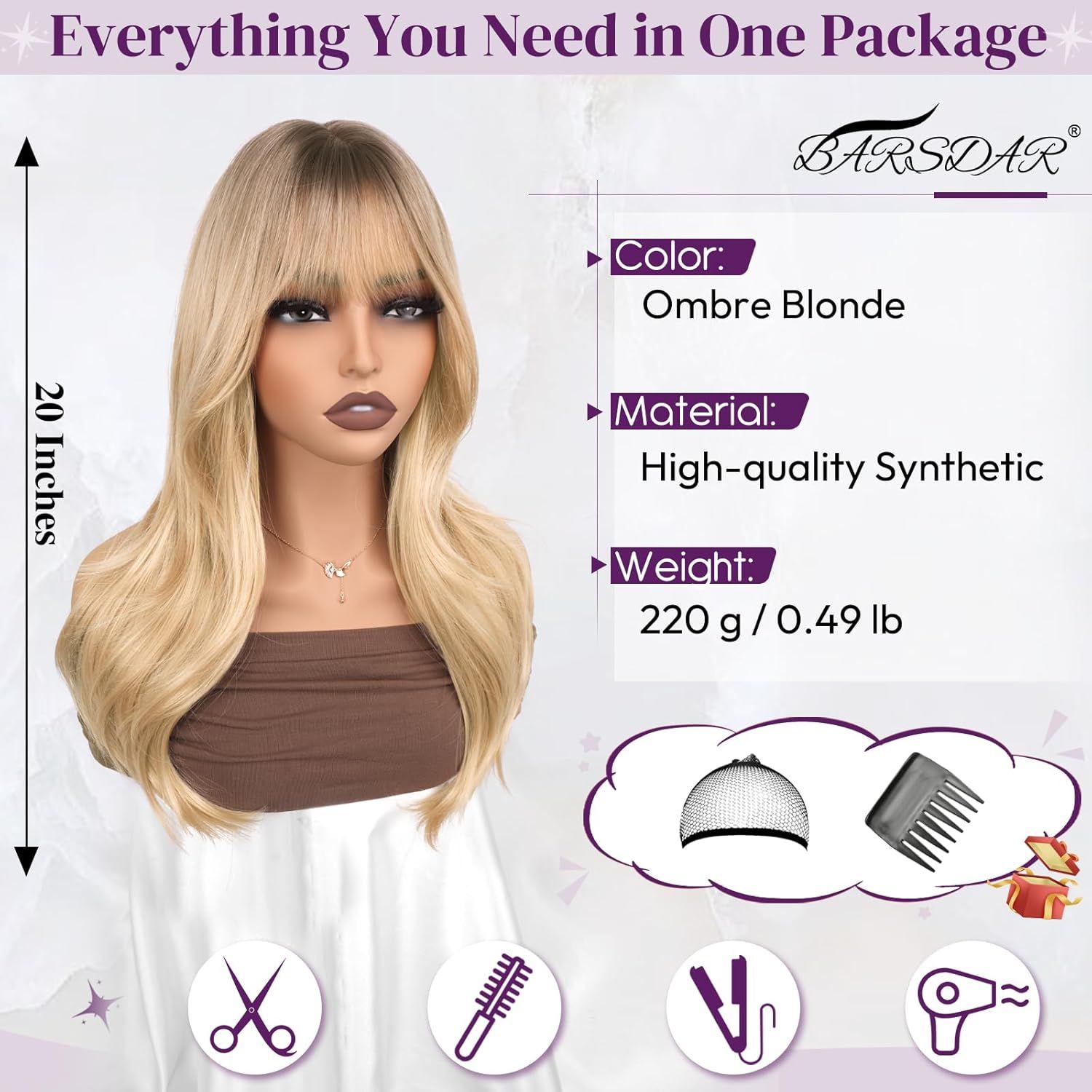 Ombre Blonde Layered Wig with Bangs - 20 Inch Blonde Ombre Layered Wig with Dark Roots for Women - Natural Looking Soft Wavy Synthetic Sabrina Wigs Layers Haircut Fringe Daily - Image 3