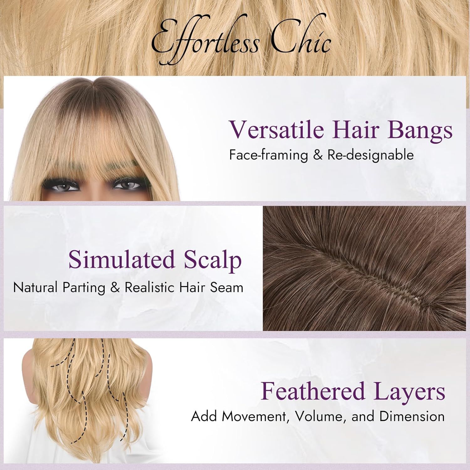 Ombre Blonde Layered Wig with Bangs - 20 Inch Blonde Ombre Layered Wig with Dark Roots for Women - Natural Looking Soft Wavy Synthetic Sabrina Wigs Layers Haircut Fringe Daily - Image 4