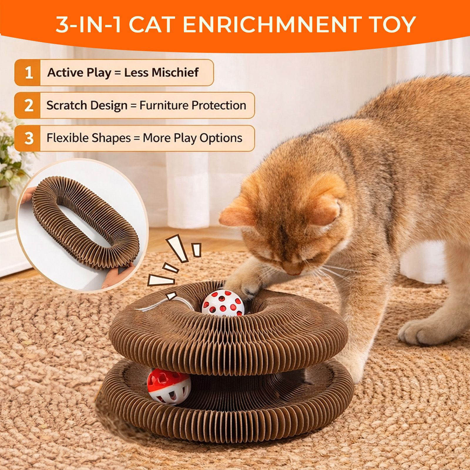 2PCS Kitty Curls Cat Toy - Foldable Accordion Cat Scratcher withBall - Magic Organ Cat Scratch Board for Interactive Play -Calming Features - Image 6
