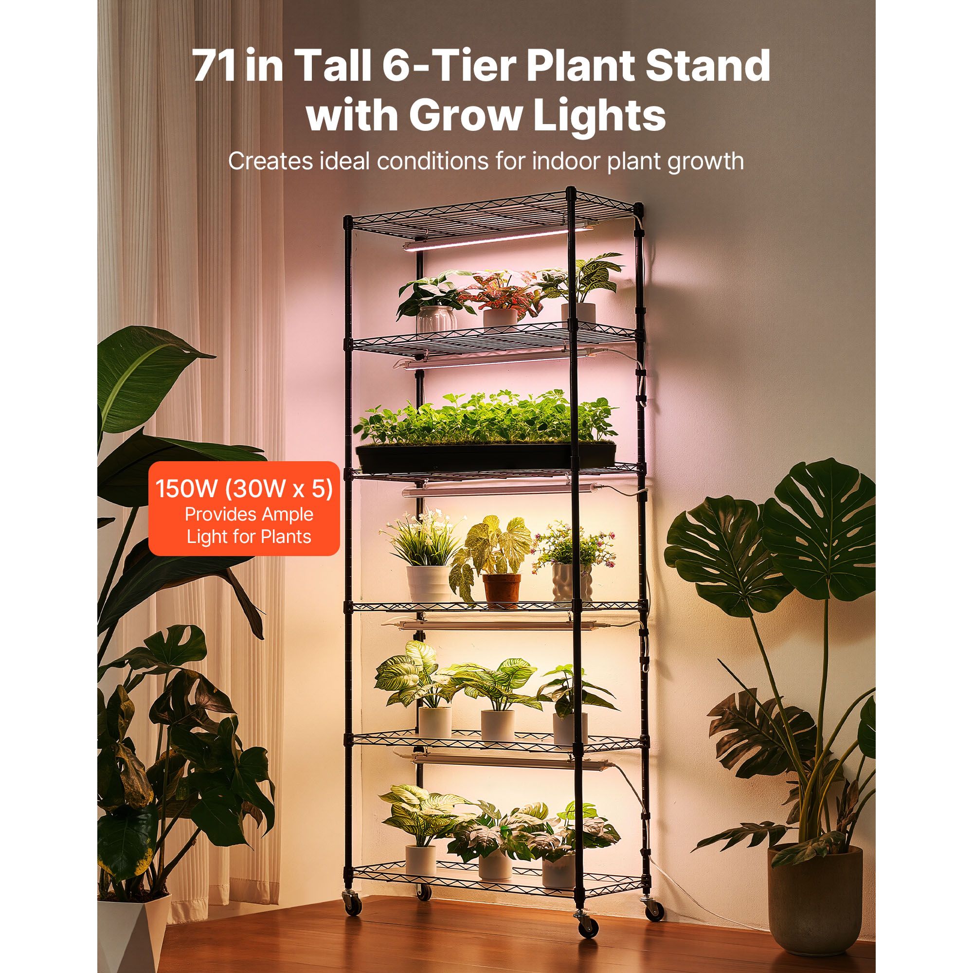 Plant Shelf with Grow Light, 6-Tier Indoor Plant Stand, 71in Tall Plants Display Rack with Wheels & 4/9/14H Timer, 150W 3-Color Full Spectrum Grow Lights, Flower Pot Holder for Seed Starting - Image 7