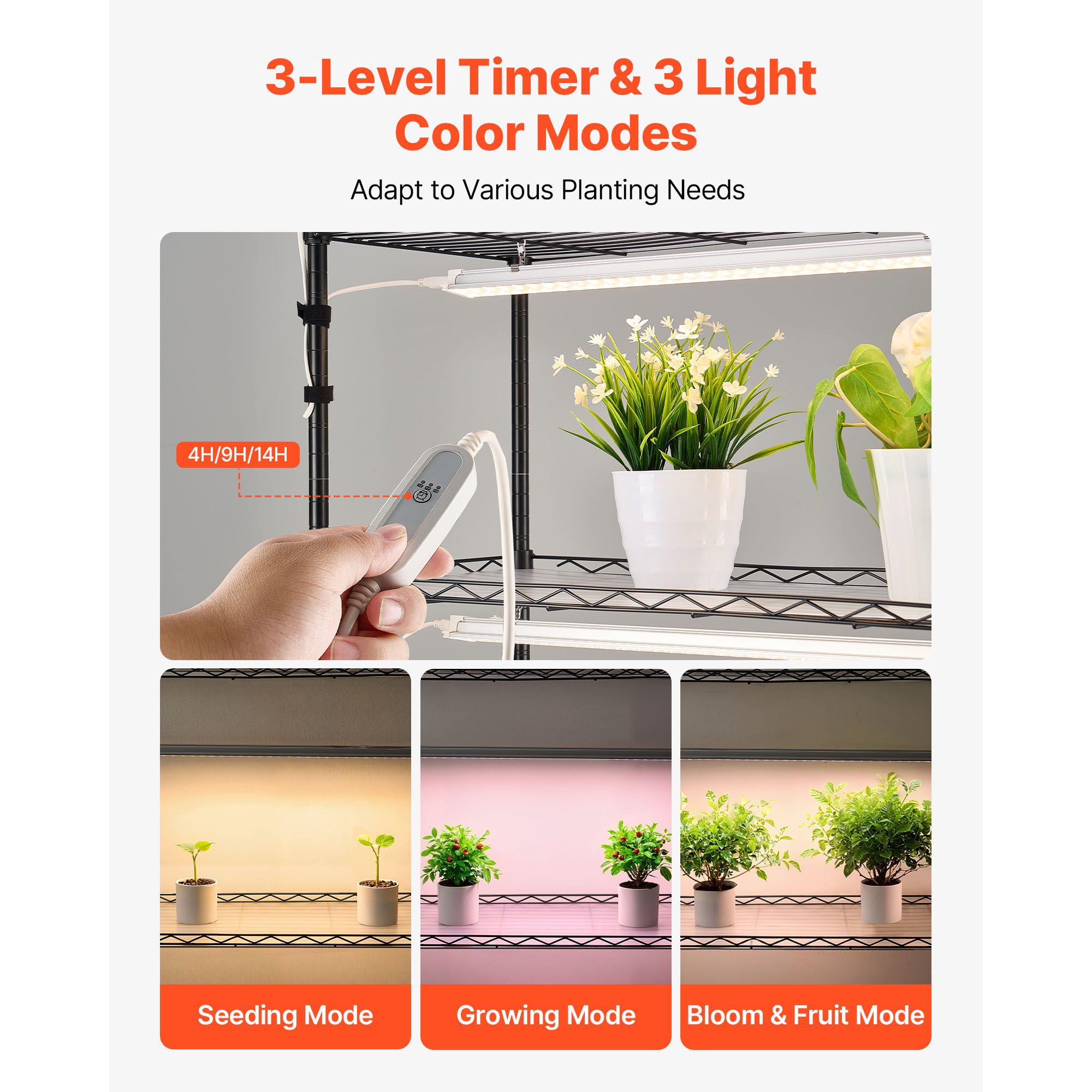 Plant Shelf with Grow Light, 6-Tier Indoor Plant Stand, 71in Tall Plants Display Rack with Wheels & 4/9/14H Timer, 150W 3-Color Full Spectrum Grow Lights, Flower Pot Holder for Seed Starting - Image 8