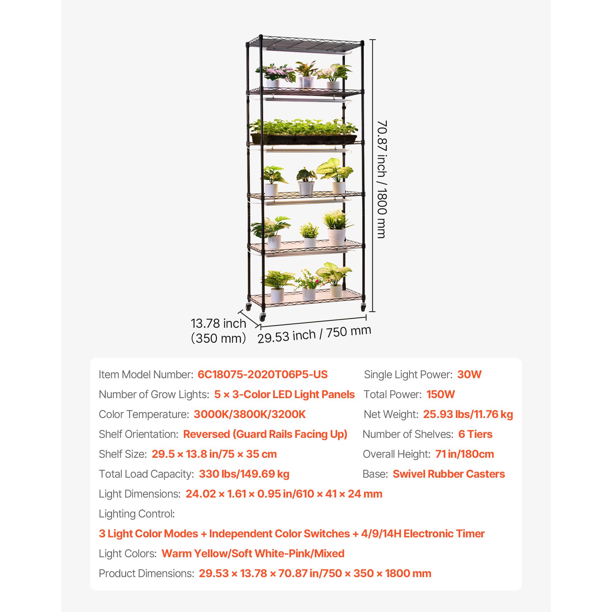 Plant Shelf with Grow Light, 6-Tier Indoor Plant Stand, 71in Tall Plants Display Rack with Wheels & 4/9/14H Timer, 150W 3-Color Full Spectrum Grow Lights, Flower Pot Holder for Seed Starting - Image 10