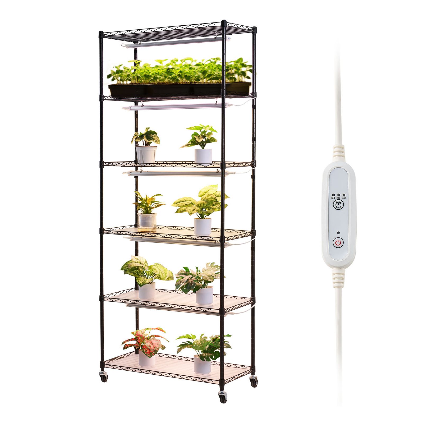 Plant Shelf with Grow Light, 6-Tier Indoor Plant Stand, 71in Tall Plants Display Rack with Wheels & 4/9/14H Timer, 150W 3-Color Full Spectrum Grow Lights, Flower Pot Holder for Seed Starting