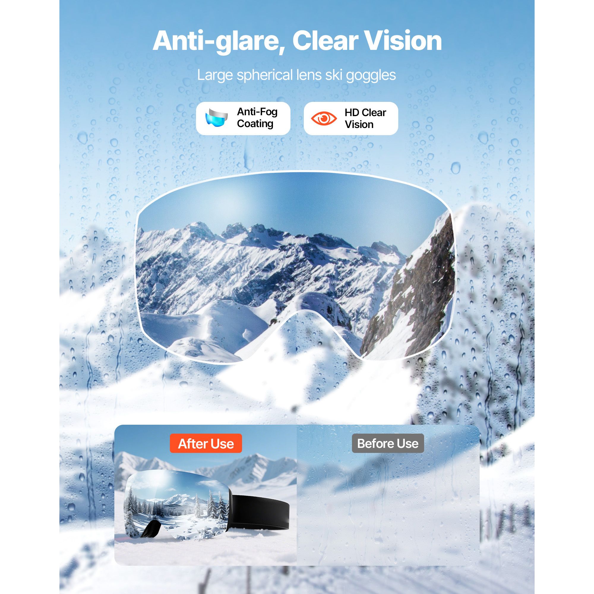 Frameless Ski Goggles, Spherical Lens with Blue Revo Coating, OTG Anti fog Snow Goggles for Men Women Youth, TPU Frame & Ventilation Structure, Suitable for Skiing, Skating, Snowboarding - Image 2