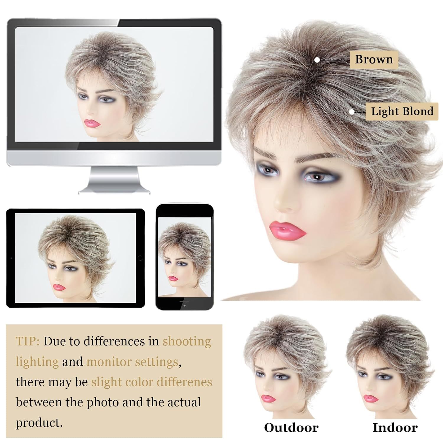 Layered Short Blonde Pixie Wigs for White Women Dark Brown Ombre Blonde Pixie Cut Wig with Bangs Synthetic Natural Looking Daily Party Wig - Image 2
