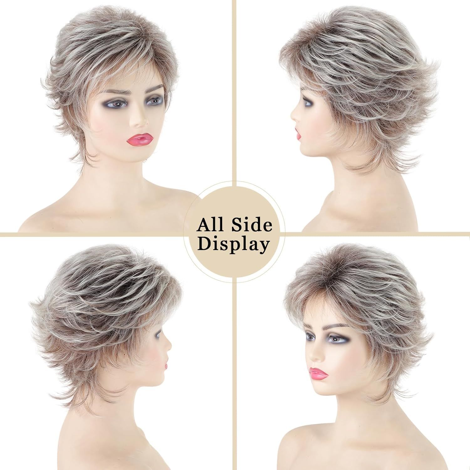Layered Short Blonde Pixie Wigs for White Women Dark Brown Ombre Blonde Pixie Cut Wig with Bangs Synthetic Natural Looking Daily Party Wig - Image 3