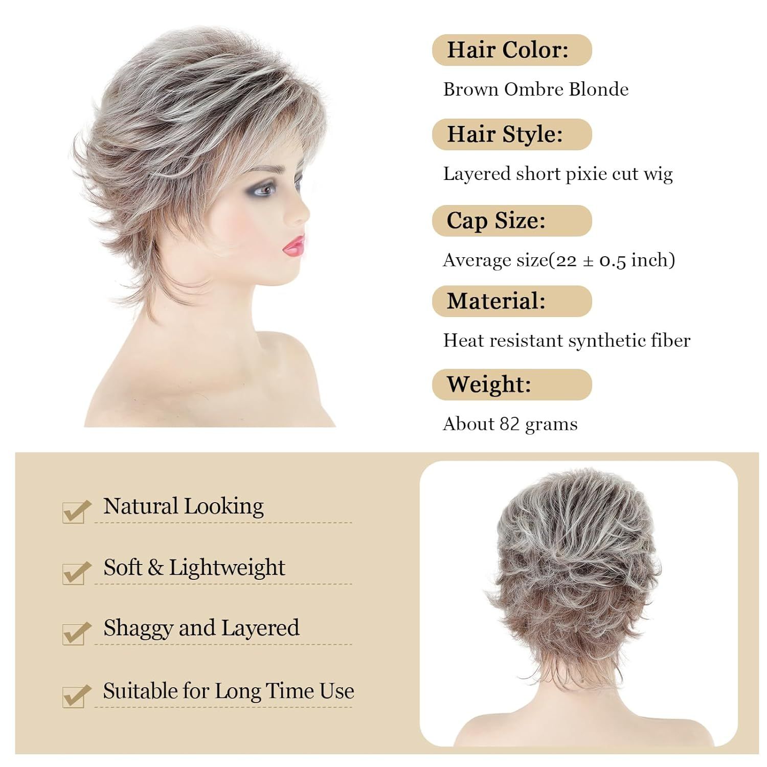 Layered Short Blonde Pixie Wigs for White Women Dark Brown Ombre Blonde Pixie Cut Wig with Bangs Synthetic Natural Looking Daily Party Wig - Image 4