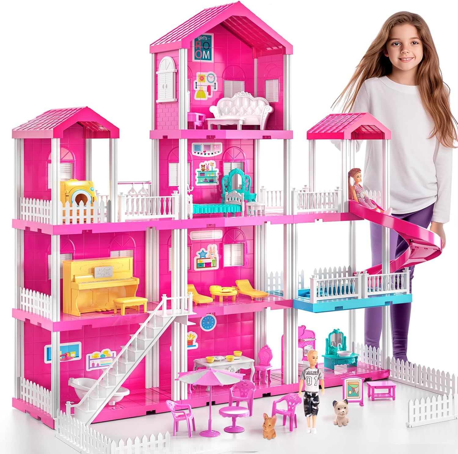 Pink Villa Playset for Girls Ages 3-7, 4-Story 10-Room House with 2 Dolls, Furniture & Accessories, Pretend Play Toddler Toy, Birthday Gifts for Kids 3-8