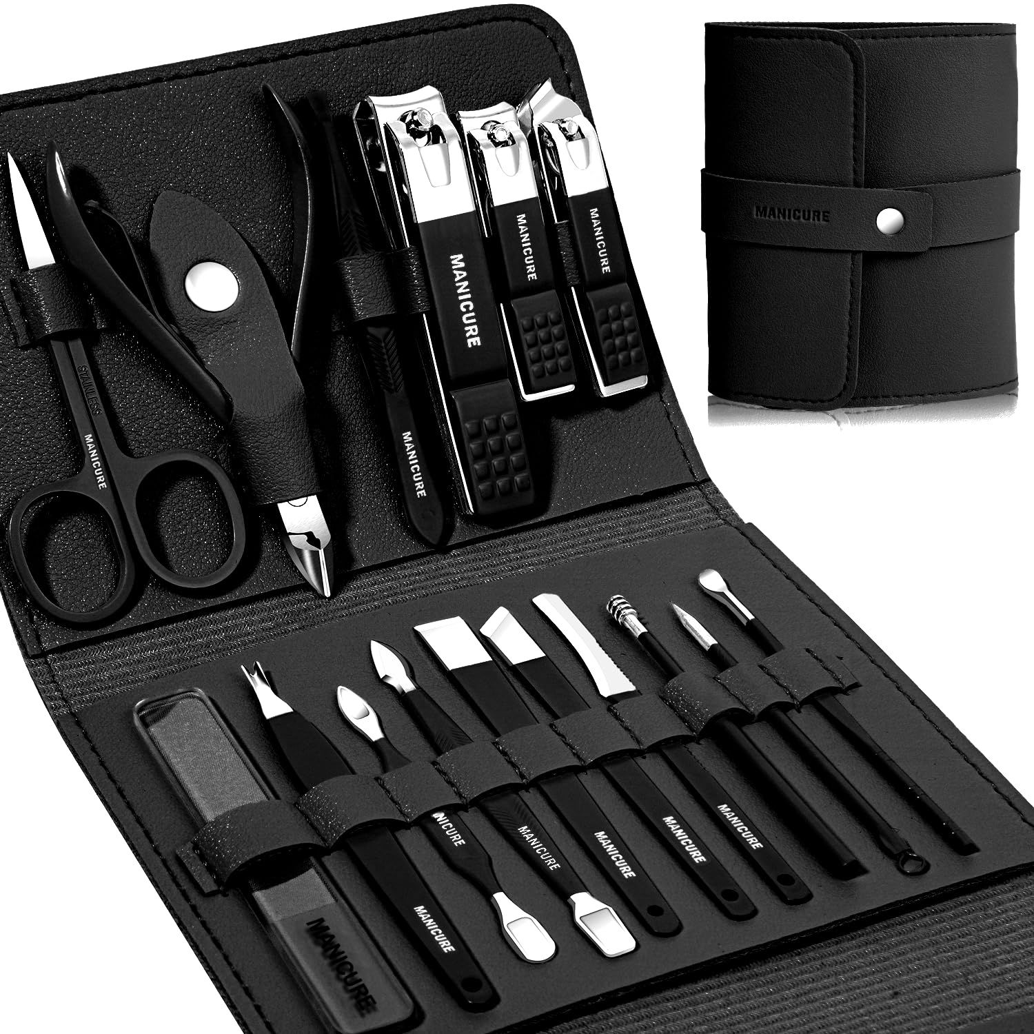 Manicure Set Professional Nail Clippers Pedicure Kit, 16 pcs Stainless Steel Nail Care Tools Grooming Kit with Luxurious Travel Leather Case for Thick Nails Men Women Gift  Black