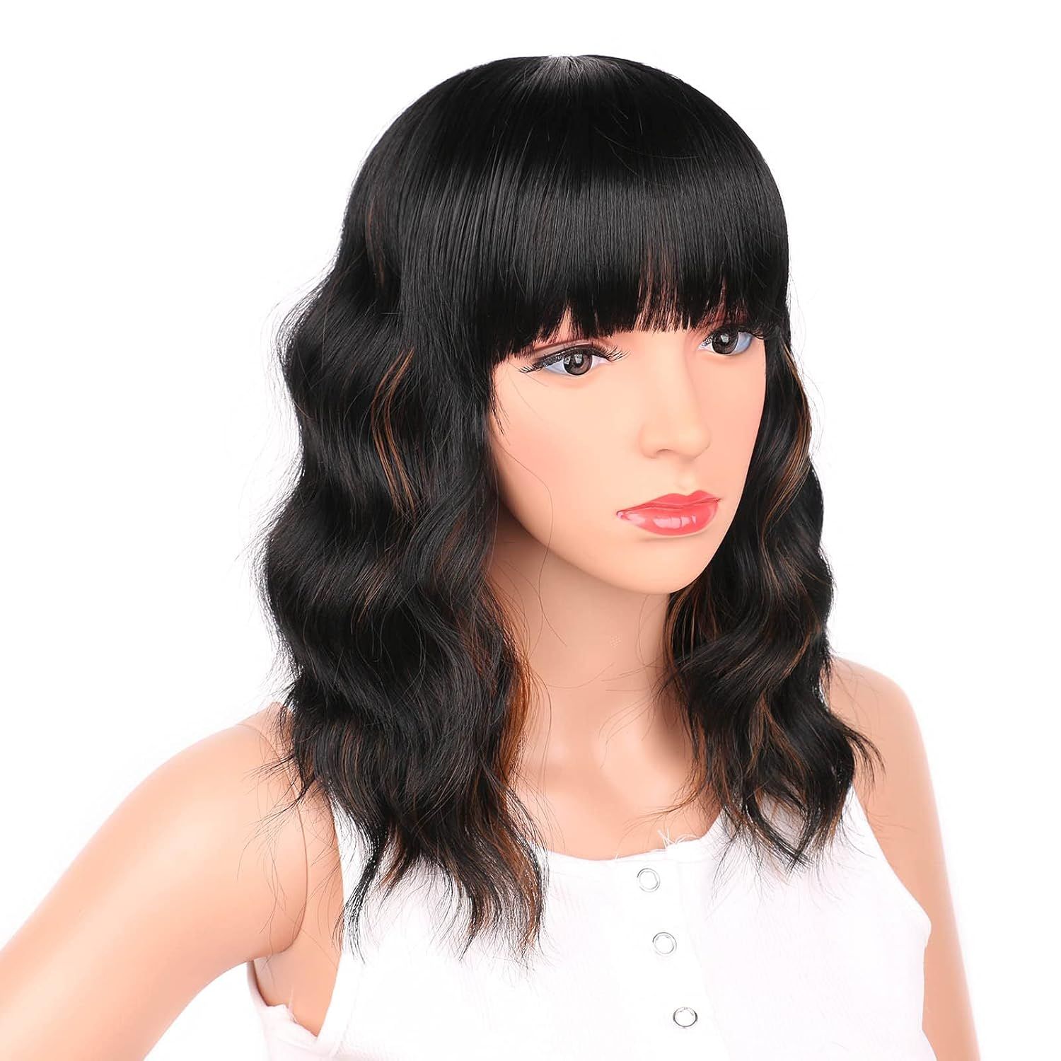 Black Mixed Brown Wig for Black Women 14 Inch Short Wavy Hair Wigs Curly Bob Wig with Bangs Wigs Shoulder Length Wigs for Black Women Bob Style Synthetic Heat Resistant - Image 3
