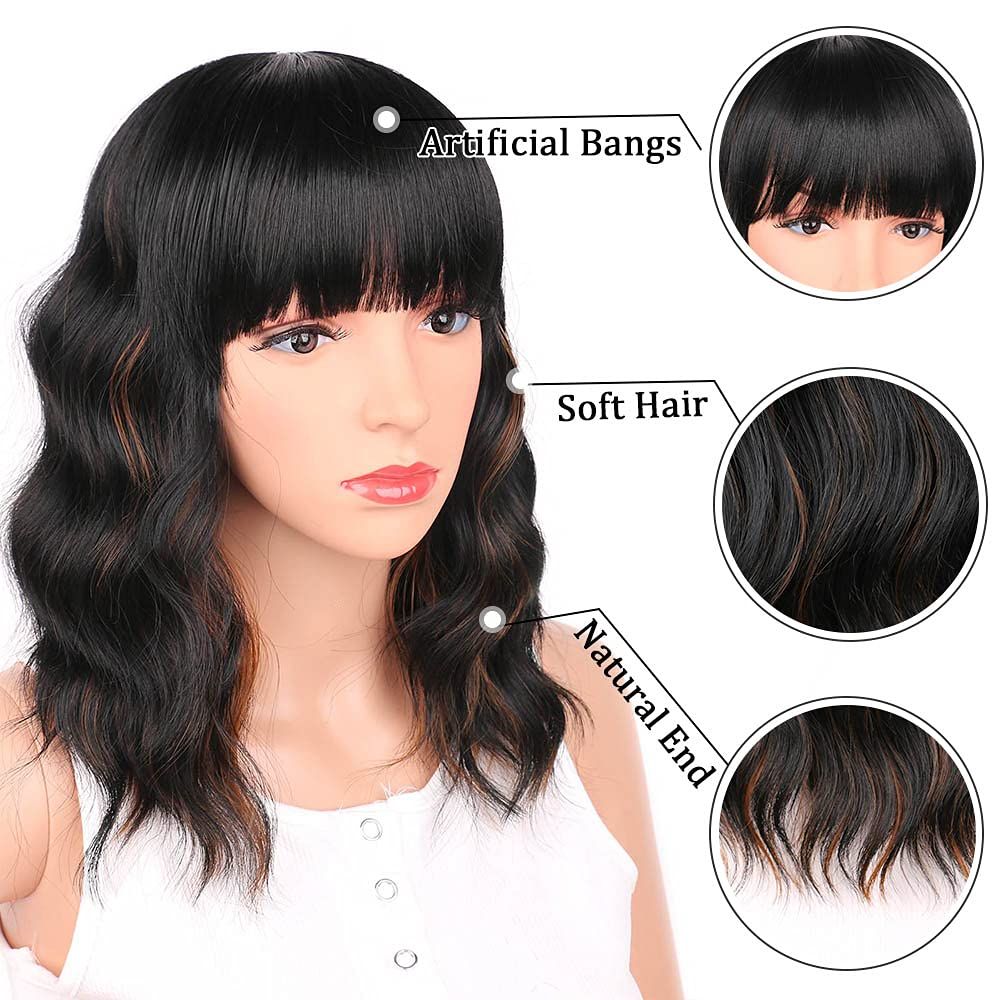 Black Mixed Brown Wig for Black Women 14 Inch Short Wavy Hair Wigs Curly Bob Wig with Bangs Wigs Shoulder Length Wigs for Black Women Bob Style Synthetic Heat Resistant - Image 4