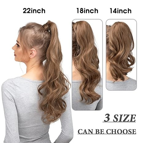 22" Long Ponytail Hair Extension Wrap Around Pony Tail Clip in Curly Wavy Synthetic Fake Hairpiece for Women Dirty Blonde - Image 2